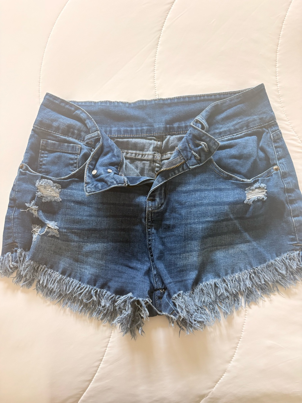Blue Distressed Fringe Hem Women's Denim Shorts